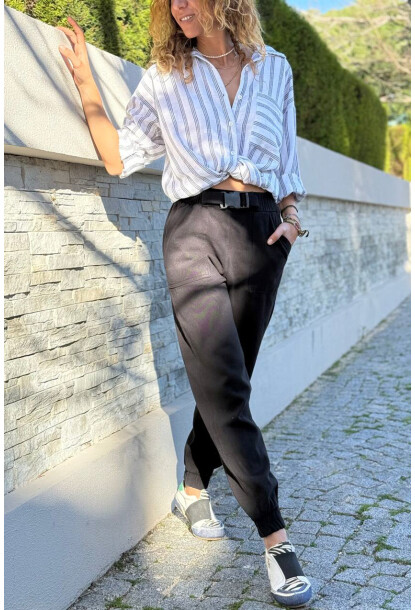 Kadın Siyah Rengi Kemeri Tokalı Beli Paçası Lastikli Cepli Kargo Pantolon 90 30