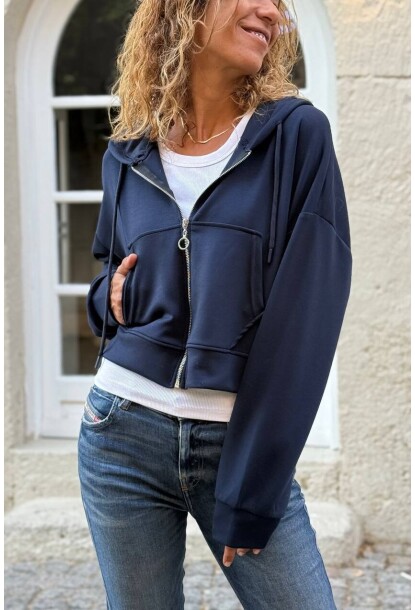 Lacivert Kapüşonlu Fermuarlı Kanguru Cepli Yumuşak Dokulu Pamuklu Örme Sweatshirt 45 50