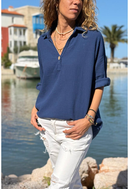 Lacivert Yarım Patlı Süs Düğmeli Pamuklu Salaş Dokuma Bluz 65 55