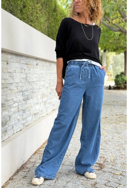 Mavi Beli Lastikli Bol Paça Cepli Yıkamalı Kot Pantolon 100 30