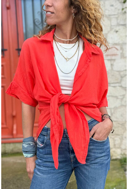 Mercan Bağlamalı Pamuklu Arkası Uzun Crop Dokuma Bluz 70 45