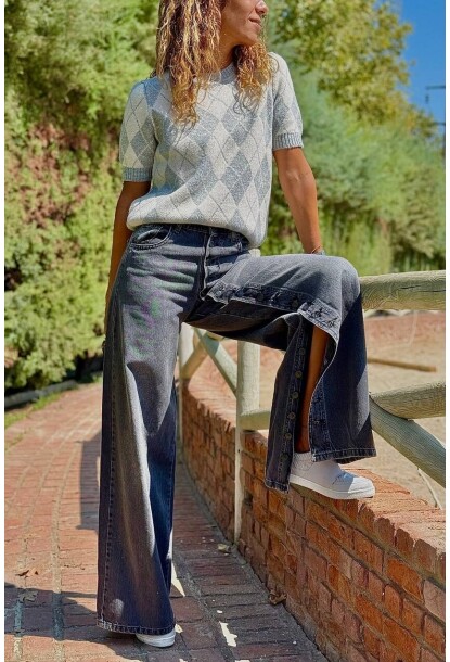 İndigo Yıkamalı Boydan Düğmeli Yırtmaçlı Bol Paça Denim Pantolon 35 105