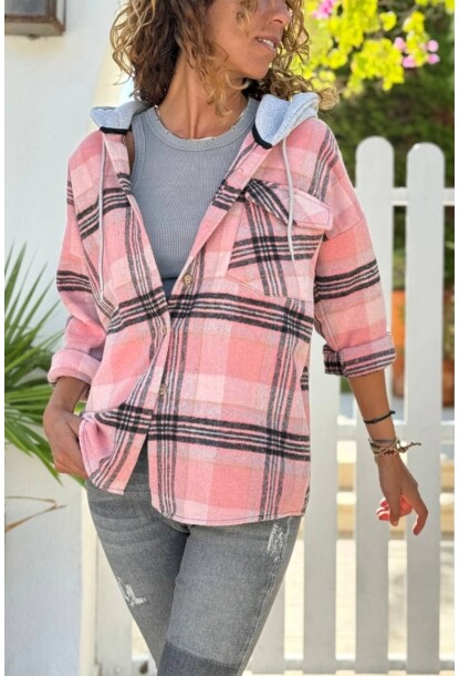 Pembe Kapüşonlu Ekose Cepli Oduncu Kaşe Salaş Gömlek 60 50