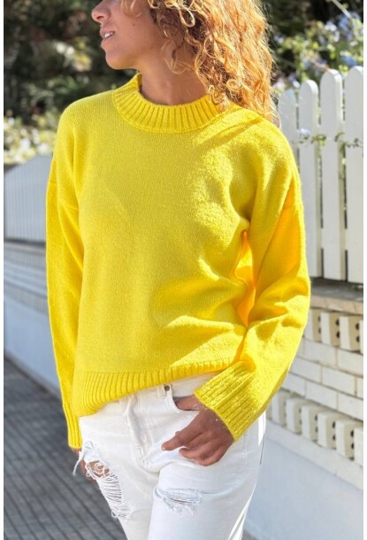 Sarı Bisiklet Yaka Yıkamalı Yumuşak Dokulu Salaş Kazak 60 50