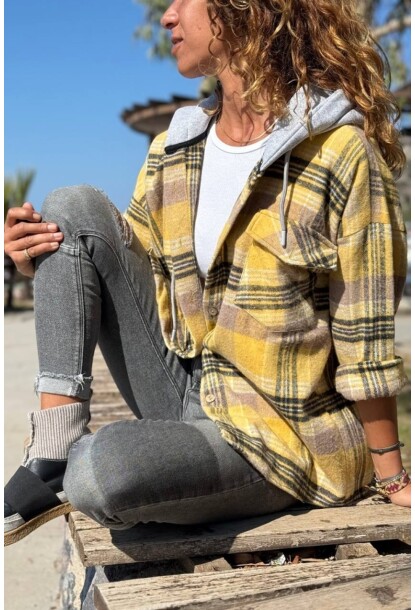 Sarı Kapüşonlu Ekose Cepli Oduncu Kaşe Salaş Gömlek 60 50