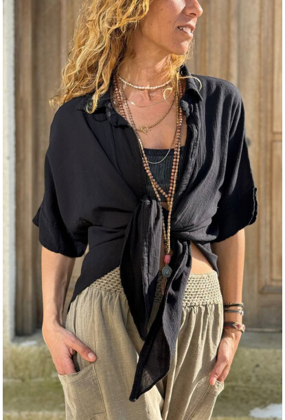 Siyah Bağlamalı Pamuklu Arkası Uzun Crop Dokuma Bluz 70 45