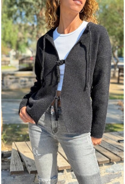 Siyah Bağlamalı Yıkamalı Yumuşak Dokulu Salaş Hırka 65 45