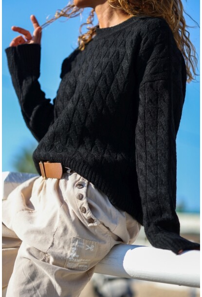 Siyah Bisiklet Yaka Yıkamalı Örgülü Yumuşak Dokulu Salaş Kazak 55 50