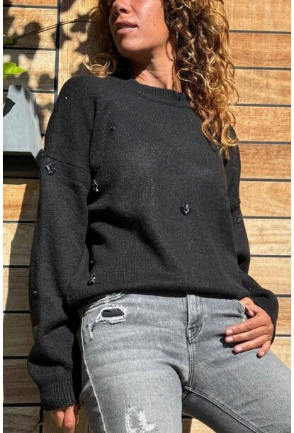 Siyah Bisiklet Yaka Yıkamalı Taş İşlemeli Yumuşak Dokulu Salaş Kazak 60 50