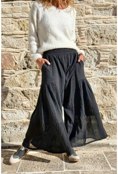 Siyah Cepli Yıkamalı File Detaylı Geniş Paça Pamuk Salaş Pantolon 90 30