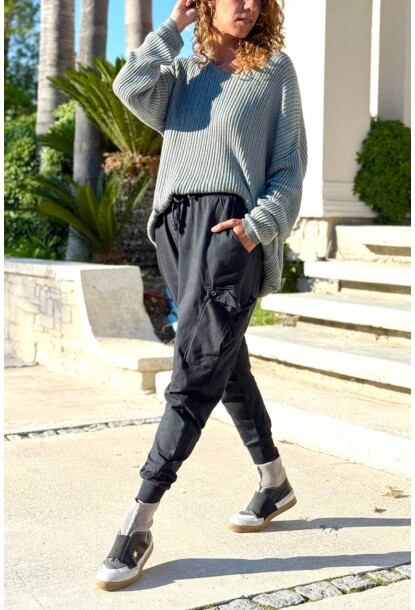 Siyah Cepli Yıkamalı Lastikli Ve Bağlamalı Bel Şalvar Pamuk Pantolon 95 30