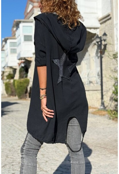 Siyah Kapüşonlu Yıkamalı Etek Ucu Bağlamalı Yıldız Aplikeli Pamuk Salaş Ceket 90 65