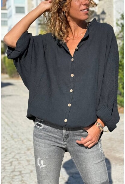 Siyah Yarasa Kol Yıkamalı Pamuklu Salaş Gömlek 75 60