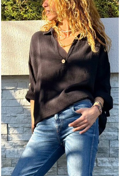 Siyah Yarım Patlı Süs Düğmeli Pamuklu Salaş Dokuma Bluz 65 55