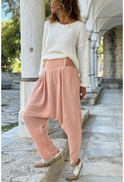 Somon Rengi Cepli Yıkamalı Yumuşak Dokulu Brode Lastikli Bel Şalvar Pamuklu Salaş Pantolon 100 35