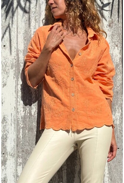 Turuncu Yıkamalı Etek Ucu Şekilli Nakışlı Pamuklu Gömlek 60 50