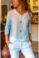 Womens Light Blue Collar Striped Crepe Blouse GK-BST2752