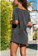 Womens Anthracite Asymmetric Cut Ripped Washed Loose T-Shirt GK-RSD2001