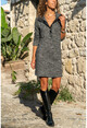 Womens Anthracite Leather Garnish Grand Collar Soft Textured Knitwear Dress GK-BST2997