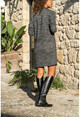 Womens Anthracite Leather Garnish Grand Collar Soft Textured Knitwear Dress GK-BST2997