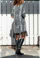 Kadın Antrasit Desenli Eteği Dantel Detaylı Elbise BSTH5063
