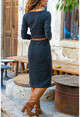 Kadın Antrasit Düğmeli V Yaka Triko Elbise GK-TDY3061