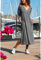 Kadın Antrasit Kapüşonlu Cepli Yırtmaçlı Salaş Elbise GK-BST2936