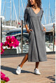 Womens Anthracite Hooded Loose Dress With Pockets Slit GK-BST2936