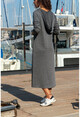 Kadın Antrasit Kapüşonlu Cepli Yırtmaçlı Salaş Elbise GK-BST2936
