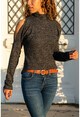 Womens Anthracite Shoulder Slit Half Fisherman Sweater BSTT4008-1420