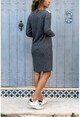Kadın Antrasit V Yaka Kendinden Desenli Deri Garnili Bloklu Elbise GK-BST2994