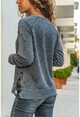 Womens Anthracite Zippered Washed Ripped Printed Sweatshirt GK-RSD2008