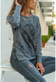 Womens Anthracite Zippered Washed Ripped Printed Sweatshirt GK-RSD2008