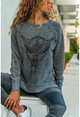 Womens Anthracite Zippered Washed Ripped Printed Sweatshirt GK-RSD2008