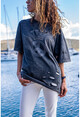Kadın Antrasit Yıkamalı Baskılı Lazerli Salaş T-Shirt GK-RSD2023