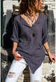 Womens Anthracite Wash Linen Asymmetric Cut Half Pat Pocket Blouse GK-RSD2033