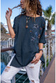 Womens Anthracite Washed Linen Star Sequin Asymmetric Cut Loose Blouse GK-RSD2022