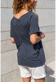 Kadın Antrasit Yıkamalı Omzu Lazer Kesimli Baskılı Salaş T-Shirt GK-RSD2059