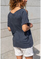 Womens Anthracite Washed Shoulder Laser Cut Printed Loose T-Shirt GK-RSD2059