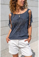 Womens Anthracite Washed Shoulder Laser Cut Printed Loose T-Shirt GK-RSD2059