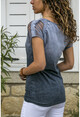 Kadın Antrasit Yıkamalı Omzu Lazer Kesimli T-Shirt GK-RSD2034