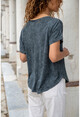 Kadın Antrasit Yıkamalı Omzu Taşlı Cepli Salaş T-Shirt GK-RSD2048