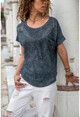 Womens Anthracite Washed Shoulder Stone Pocket Loose T-Shirt GK-RSD2048