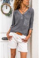 Womens Anthracite Wash Half-Pleated Lacy Sequin Detailed Blouse GK-RSD2054