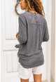 Kadın Antrasit Yıkamalı Yarım Patlı Dantelli Pul Detaylı Bluz GK-RSD2054