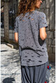 Womens Anthracite Washed Torn Printed Loose T-Shirt GK-RSD2028