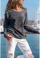 Kadın Antrasit Yıkamalı Yırtıklı İşlemeli Sweatshirt GK-RSD2011