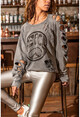 Kadın Antrasit Yıkamalı Yırtıklı Pul İşlemeli Sweatshirt GK-30KRSD110