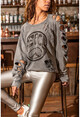 Womens Anthracite Washed Ripped Sequins Embroidered Sweatshirt GK-30KRSD110