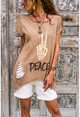 Womens Copper Washed Laser Cut Asymmetrical Printed Loose T-Shirt GK-RSD2062